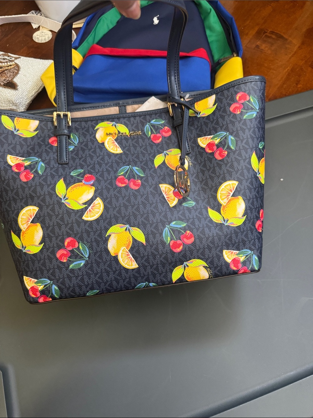 Michael Kors Navy Tote with Citrus and Cherry Print - Picture 5 of 6